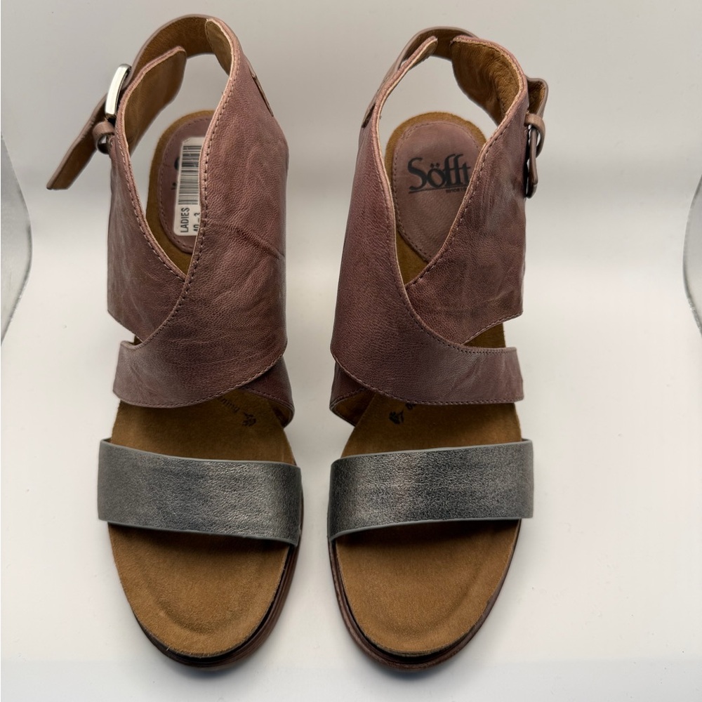 Söfft Two-Tone Leather Slingback Sandals in Mauve and Metallic Gray